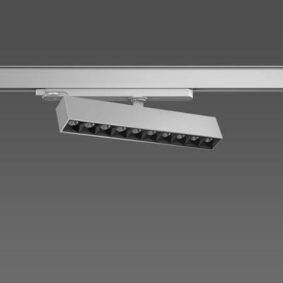 Prostokątny sufitowy reflektor LED o nowoczesnym, minimalistycznym designie z wieloma źródłami światła, zamontowany na szynie.
