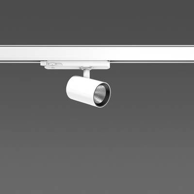 Biała lampa szynowa sufitowa na szarym tle, prezentująca nowoczesny i minimalistyczny design.