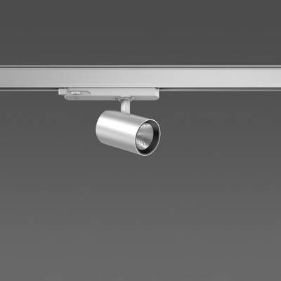 Pojedyncza srebrna lampa szynowa zamontowana na metalowym uchwycie na szarym tle.