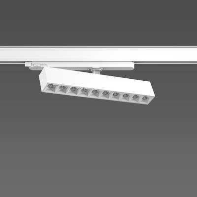 Lampa sufitowa z prostokątną obudową z wieloma lampami LED zamontowanymi na szynie, sfotografowana na szarym tle.