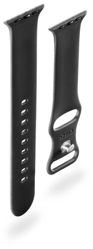 Dwa czarne paski do zegarka ułożone obok siebie, z wieloma otworami do regulacji rozmiaru. Jeden z pasków posiada klamrę z nadrukowanym logo marki.