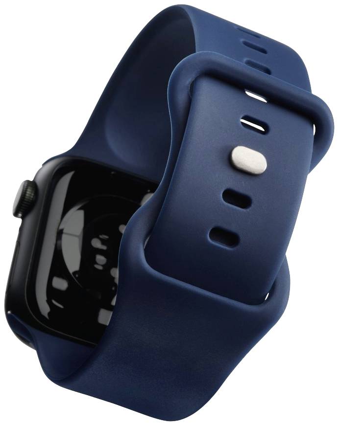 Smartwatch w ciemnej obudowie z niebieskim paskiem, lekko ustawiona pod kątem.