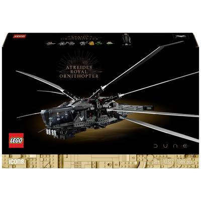 Zestaw LEGO 'Królewski Ornithopter Atreidów' z serii 'Diuna'. Szczegółowy model o designie przypominającym śmigłowiec, wraz z informacjami o zawartości pudełka.