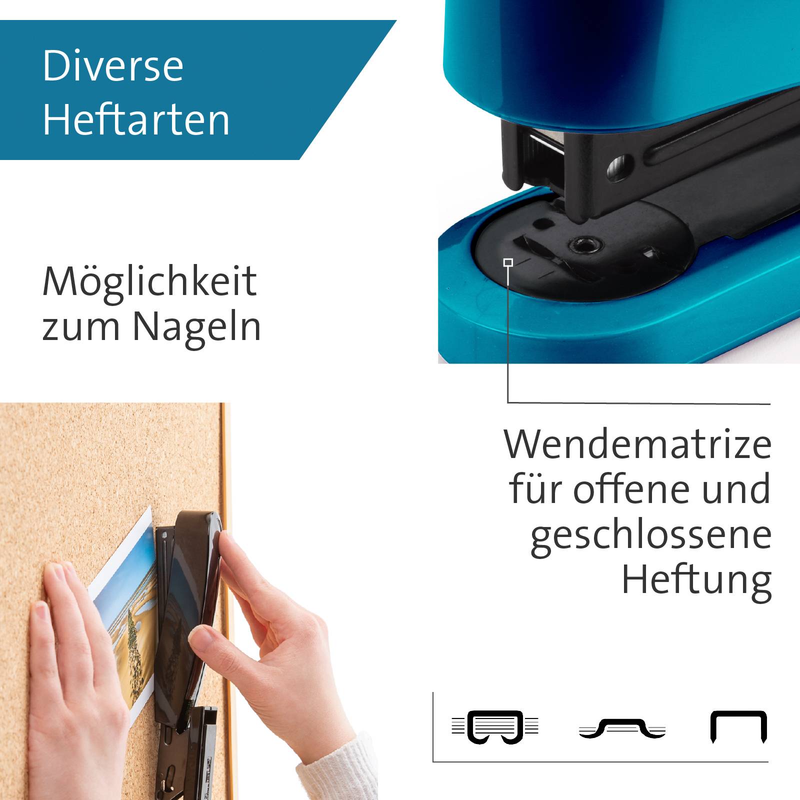 Zbliżenie niebieskiego segregatora z napisem 'Szablon do oprawy otwartej i zamkniętej'. Ręce przypinają papier do korowej ściany.