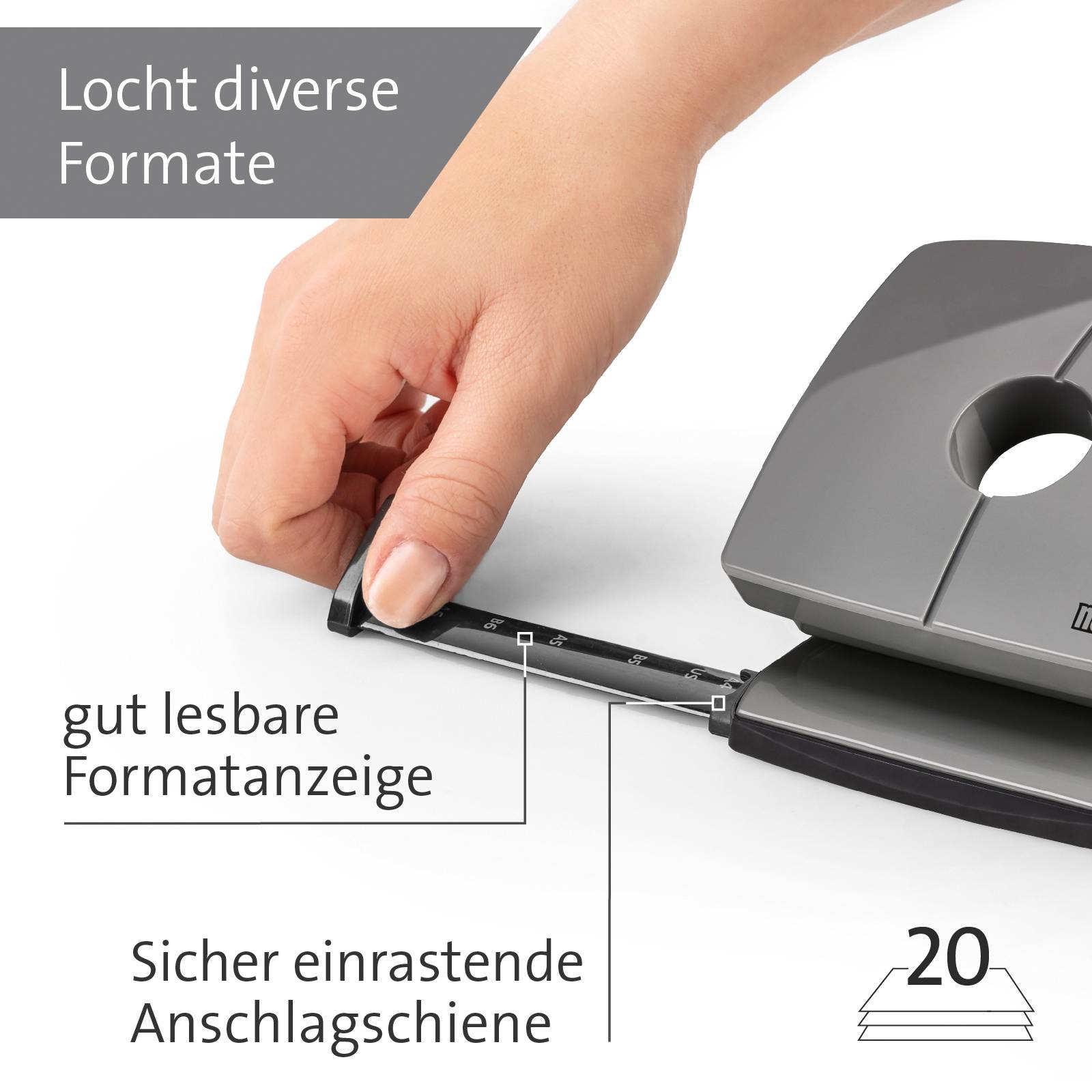 Jedna ręka obsługuje dziurkacz przystosowany do różnych formatów. Tekst przedstawia cechy: 'wskaźnik formatu' i 'bezpieczne zatrzaskiwanie'.