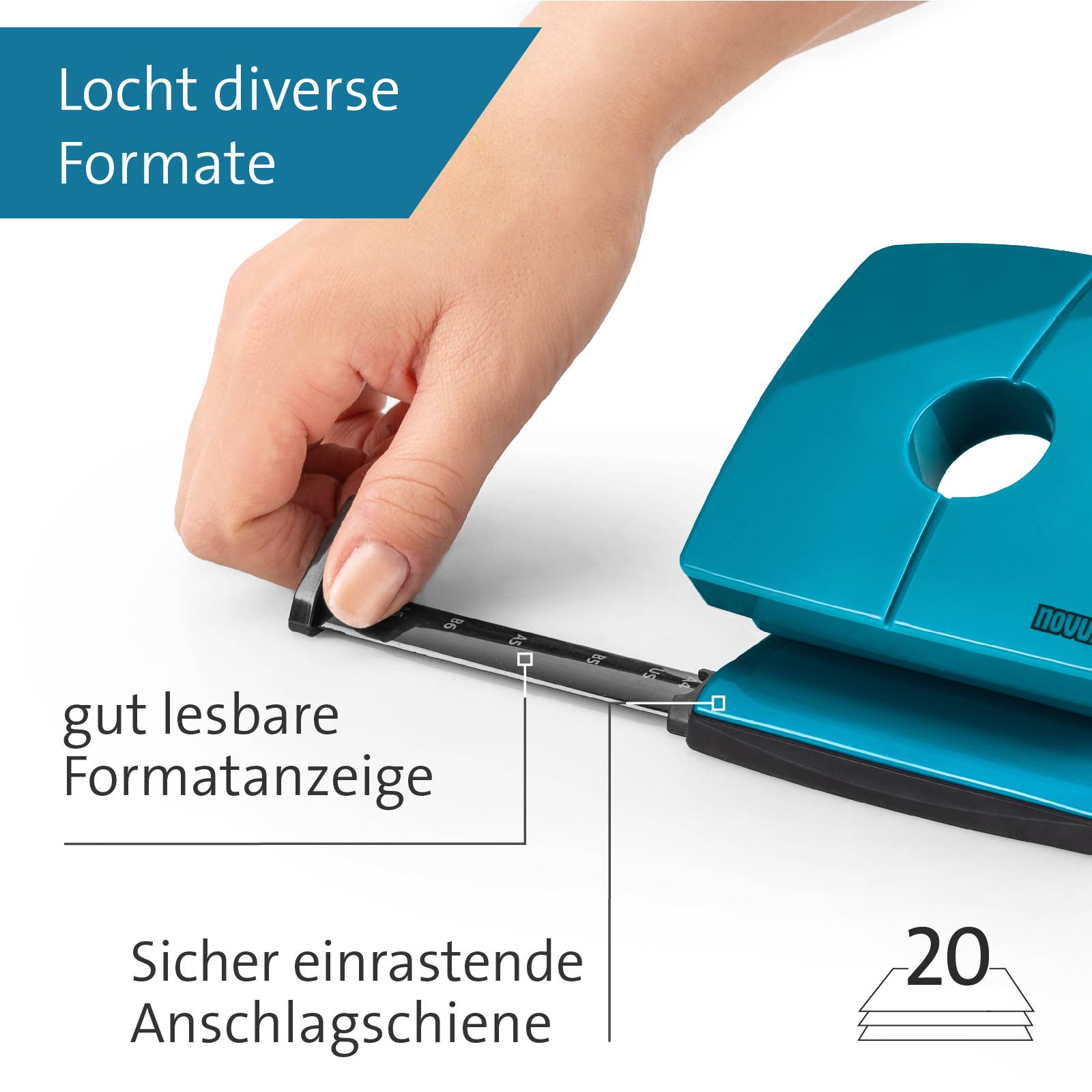 Dłoń obsługuje niebieską dziurkaczkę, która dziurkuje różne formaty. Oznaczenia wskazują na ustawienie formatu i bezpieczny docisk.