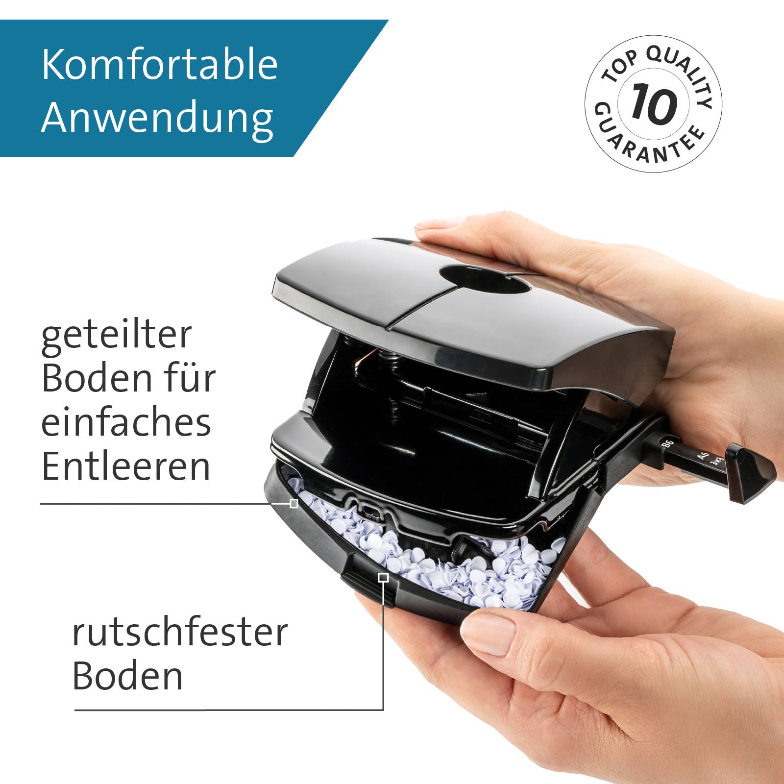 Szczypce do dziurkowania z ergonomicznym uchwytem są pokazane w otwartej pozycji. Tekst na obrazku opisuje "komfortowe użycie" i "antypoślizgowe podłoże".