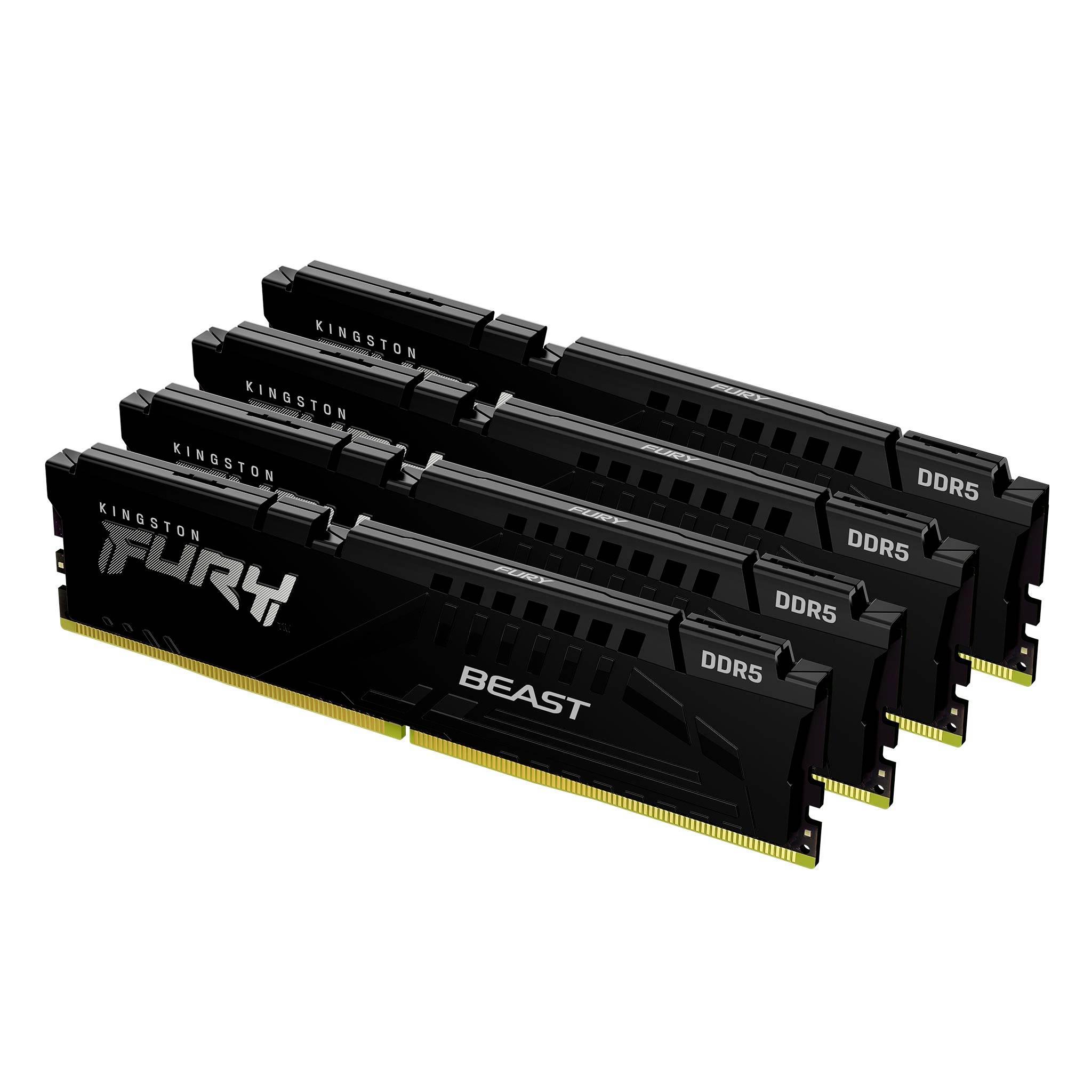 Cztery moduły RAM Kingston Fury Beast DDR5 w kolorze czarnym ułożone w rzędzie, prezentujące oznaczenie producenta na boku. Odpowiednie do modernizacji komputera.