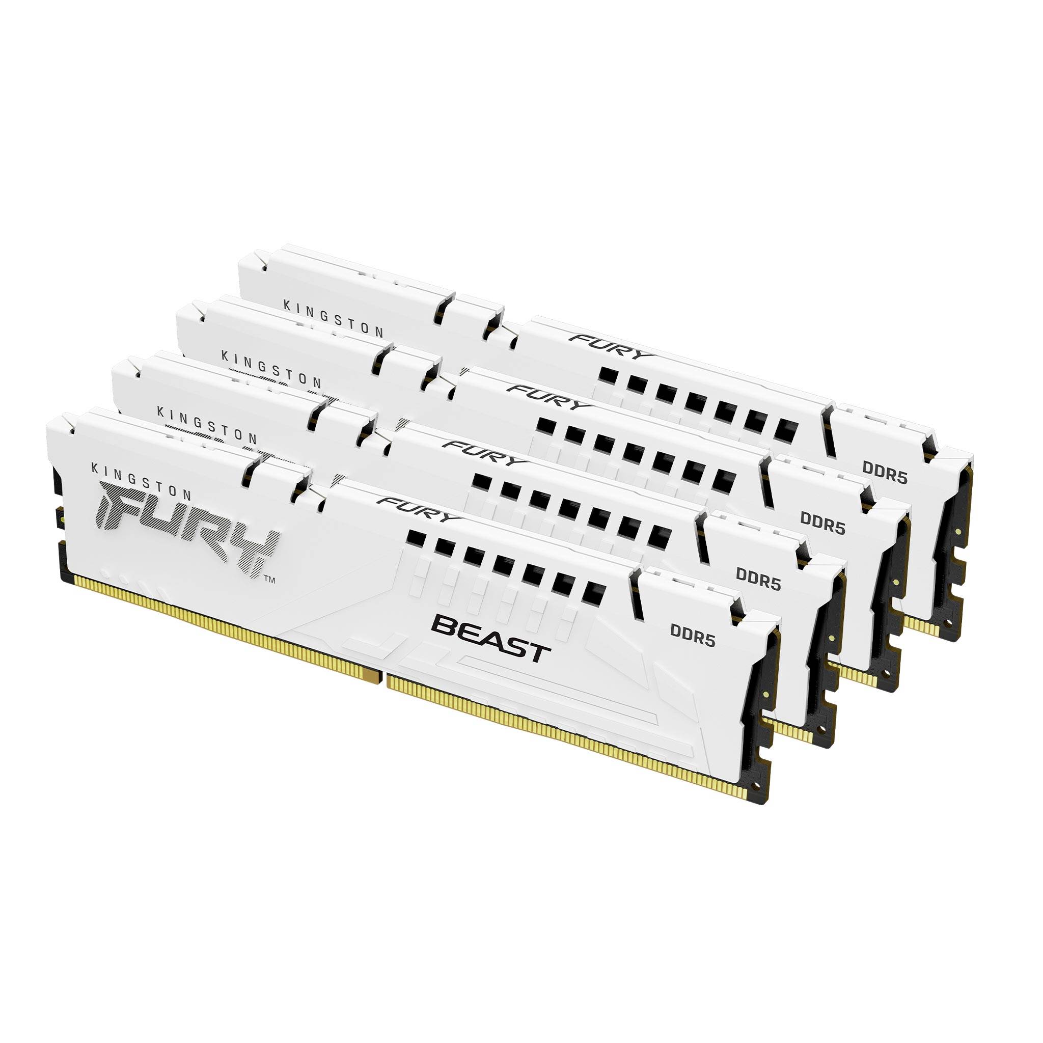 Cztery białe moduły RAM DDR5 Kingston 'FURY Beast' ze złotymi stykami.