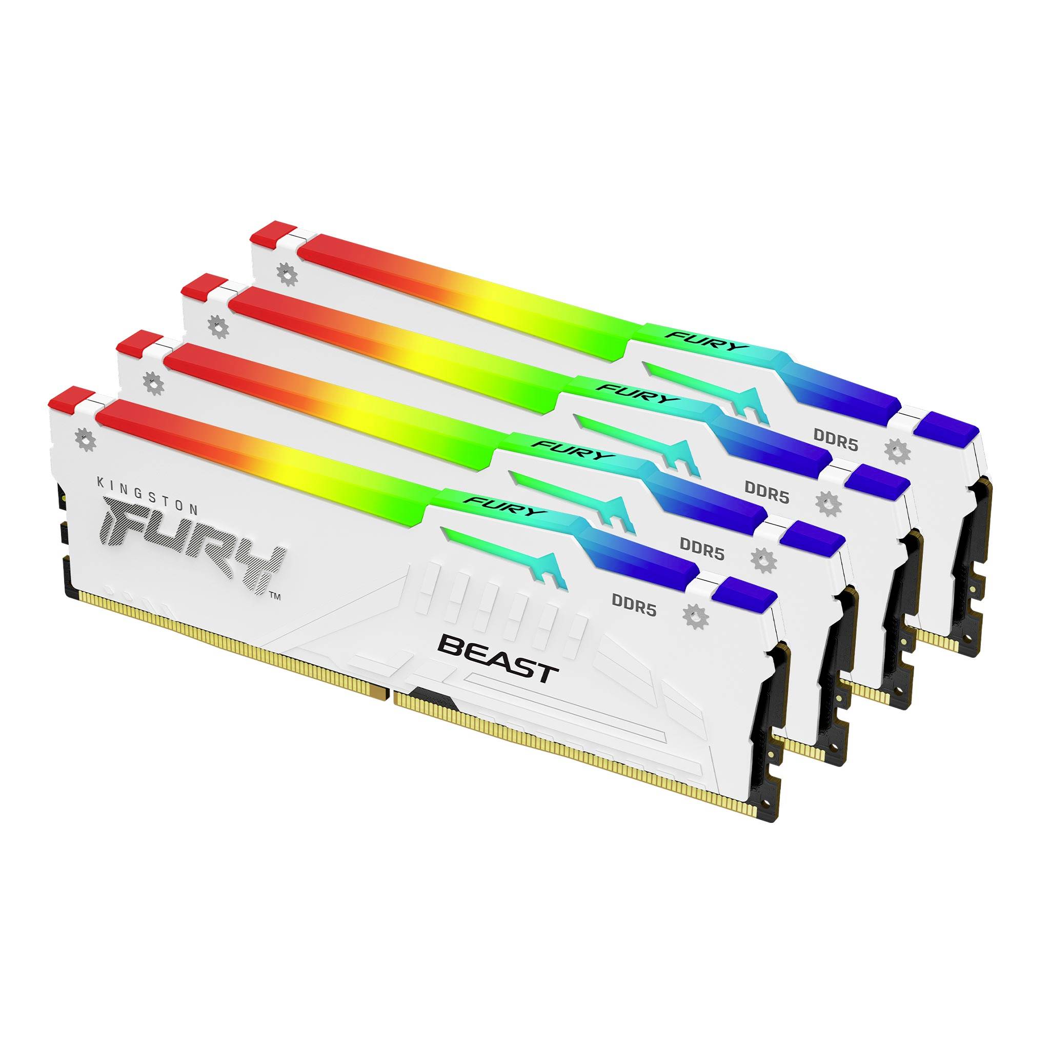 Cztery moduły pamięci Kingston FURY DDR5 z podświetleniem RGB, ułożone obok siebie, prezentują oznaczenie 'Beast' na bocznej stronie.