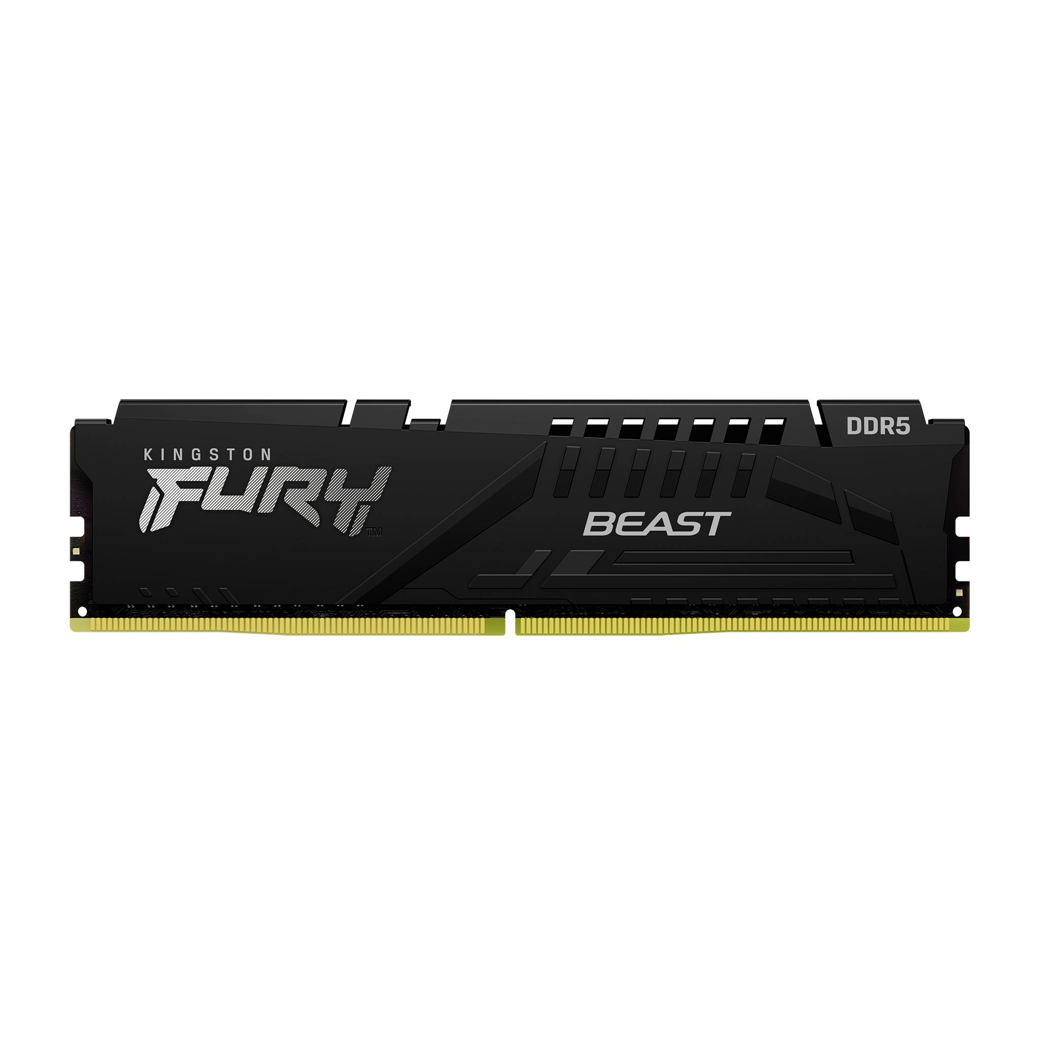Moduł pamięci RAM Kingston Fury Beast DDR5, czarny, ze złotymi stykami od spodu, odpowiedni do modernizacji komputera.