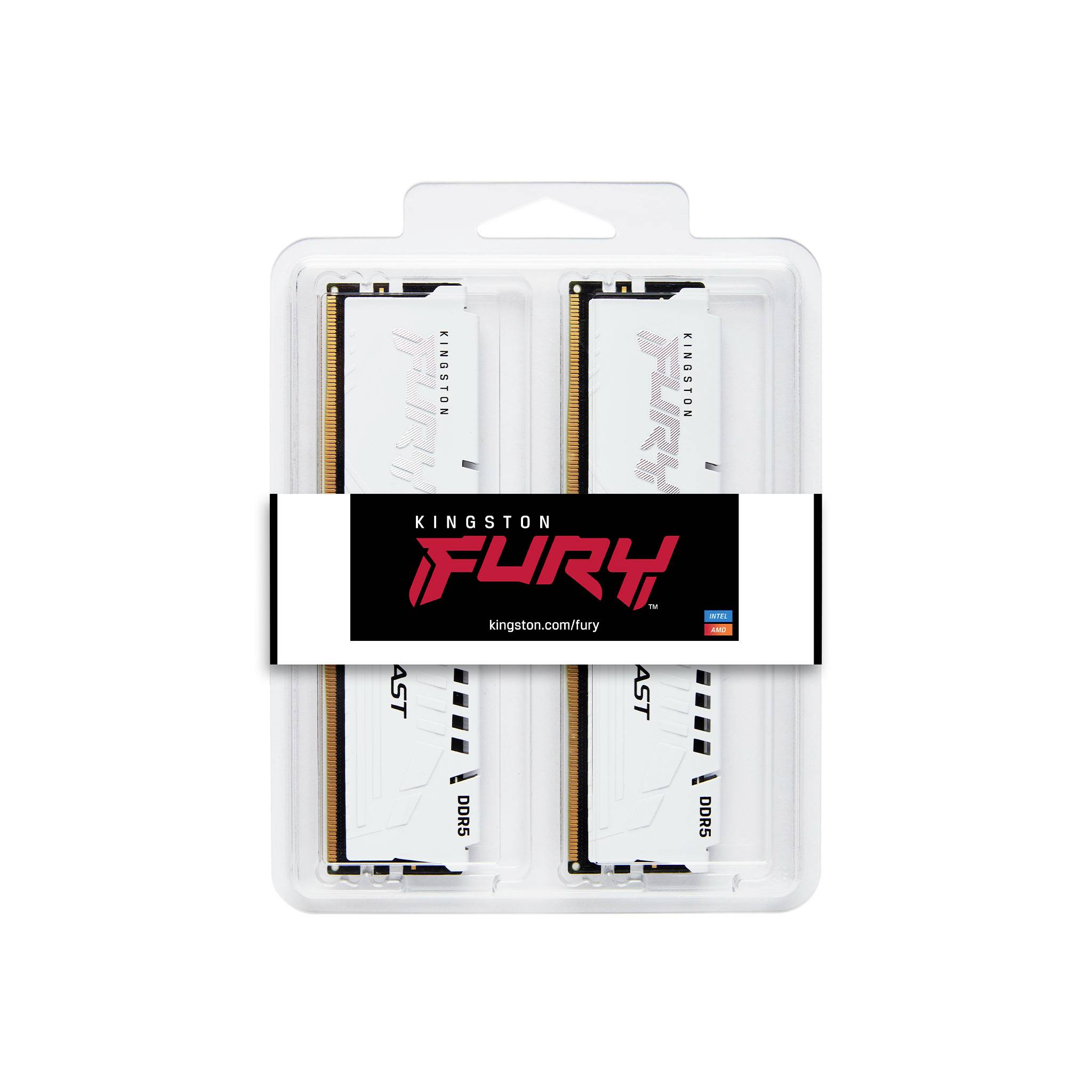 Dwa białe moduły pamięci RAM Kingston FURY DDR5 w opakowaniu. Logo marki i strona internetowa 'kingston.com/fury' na przodzie opakowania.