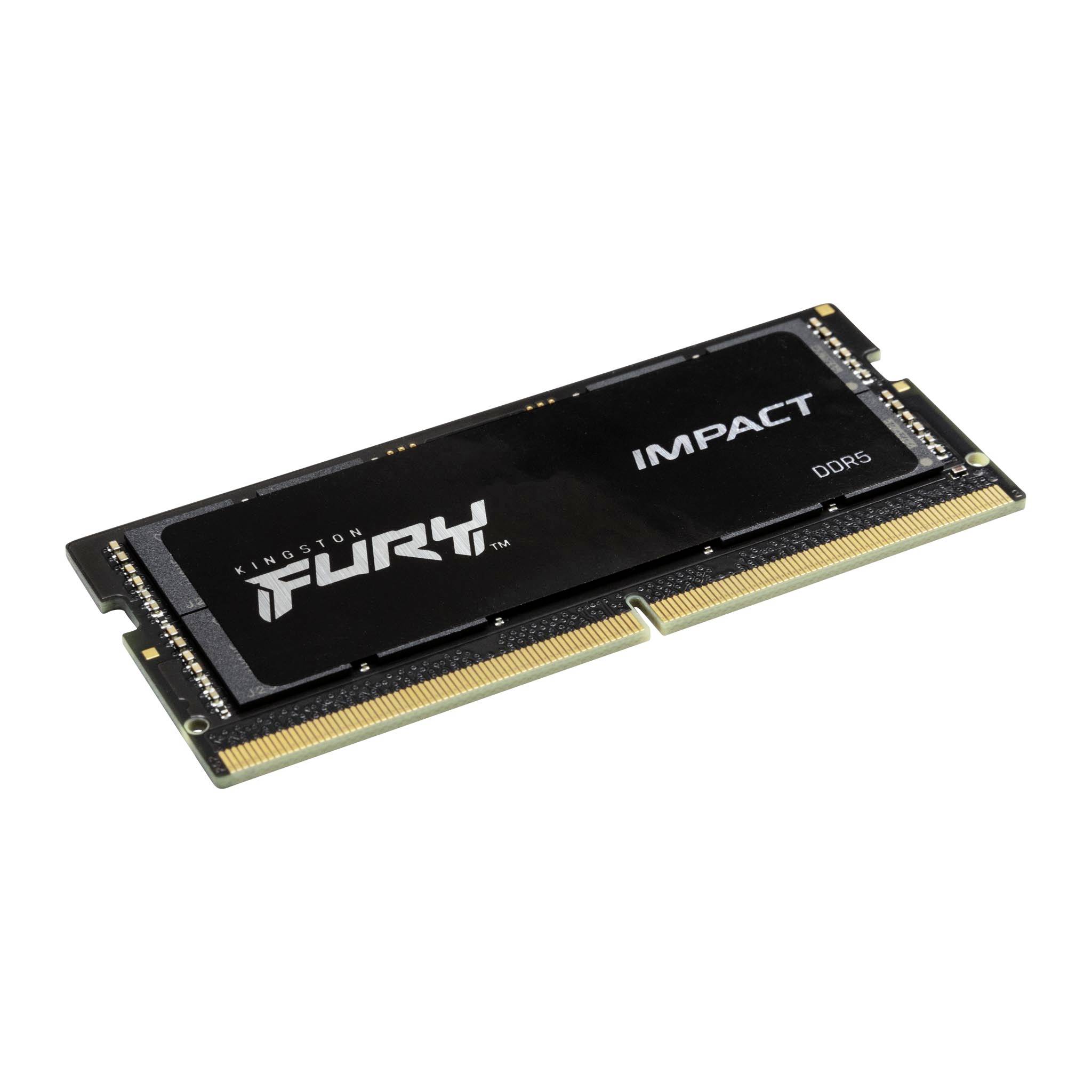 Moduł RAM Kingston FURY Impact DDR5, 8GB. Czarny rdzeń ze złotymi stykami. Odpowiedni do laptopów o wysokiej wydajności.