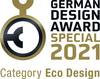 Nagroda 'German Design Award Special 2021' w kategorii 'Eco Design'. Logo w kolorach złoto-czarnych towarzyszy tekstowi.