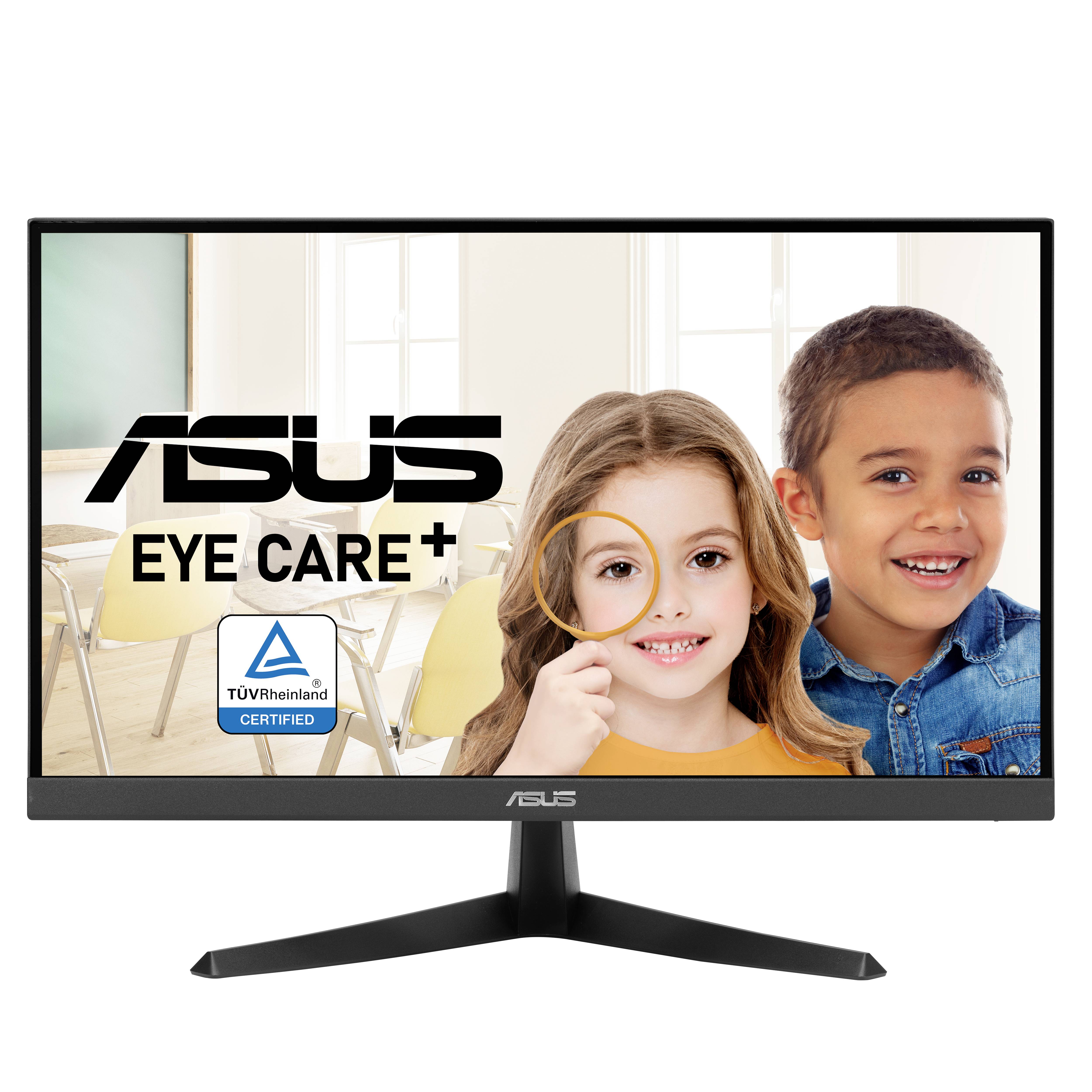 Monitor ASUS z certyfikatem TÜV chroniącym wzrok. Na ekranie: śmiejące się dziecko i dziewczynka zakrywająca jedno oko.