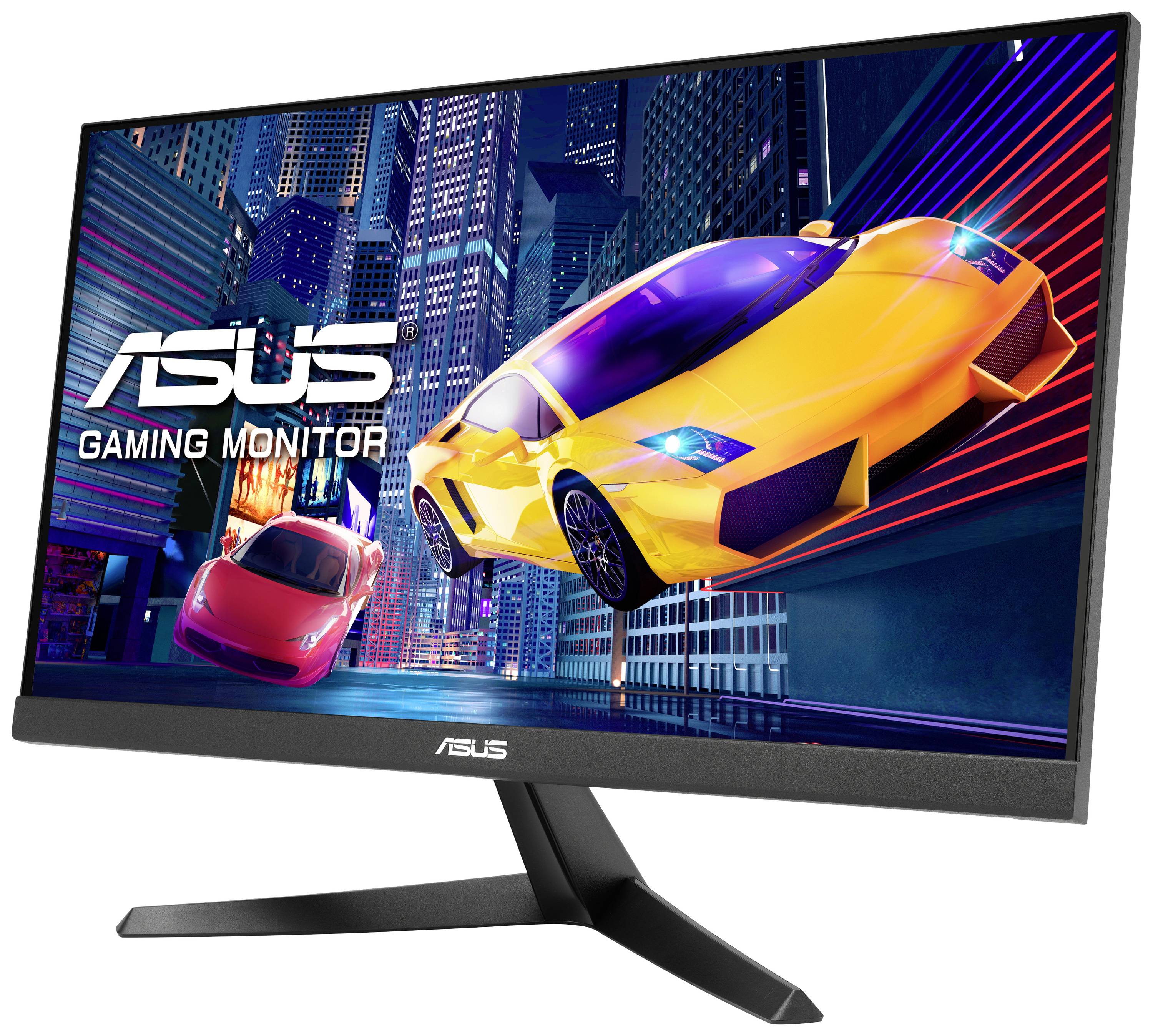 Monitor ASUS do gier wyświetla samochód wyścigowy w żywych kolorach na tle futurystycznej panoramy miasta.