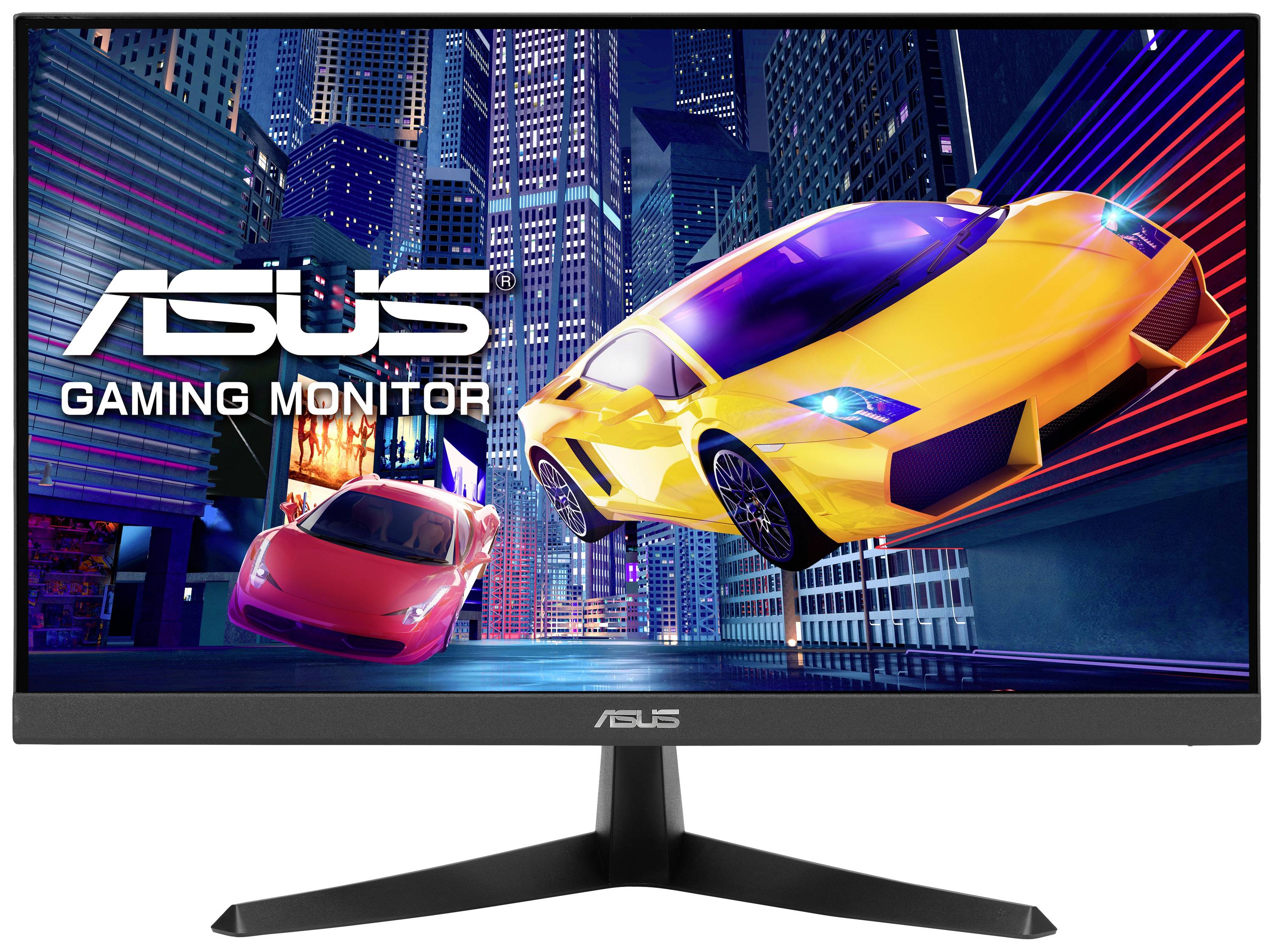 Monitor gamingowy ASUS prezentuje dwa samochody sportowe na tle futurystycznej panoramy miasta.