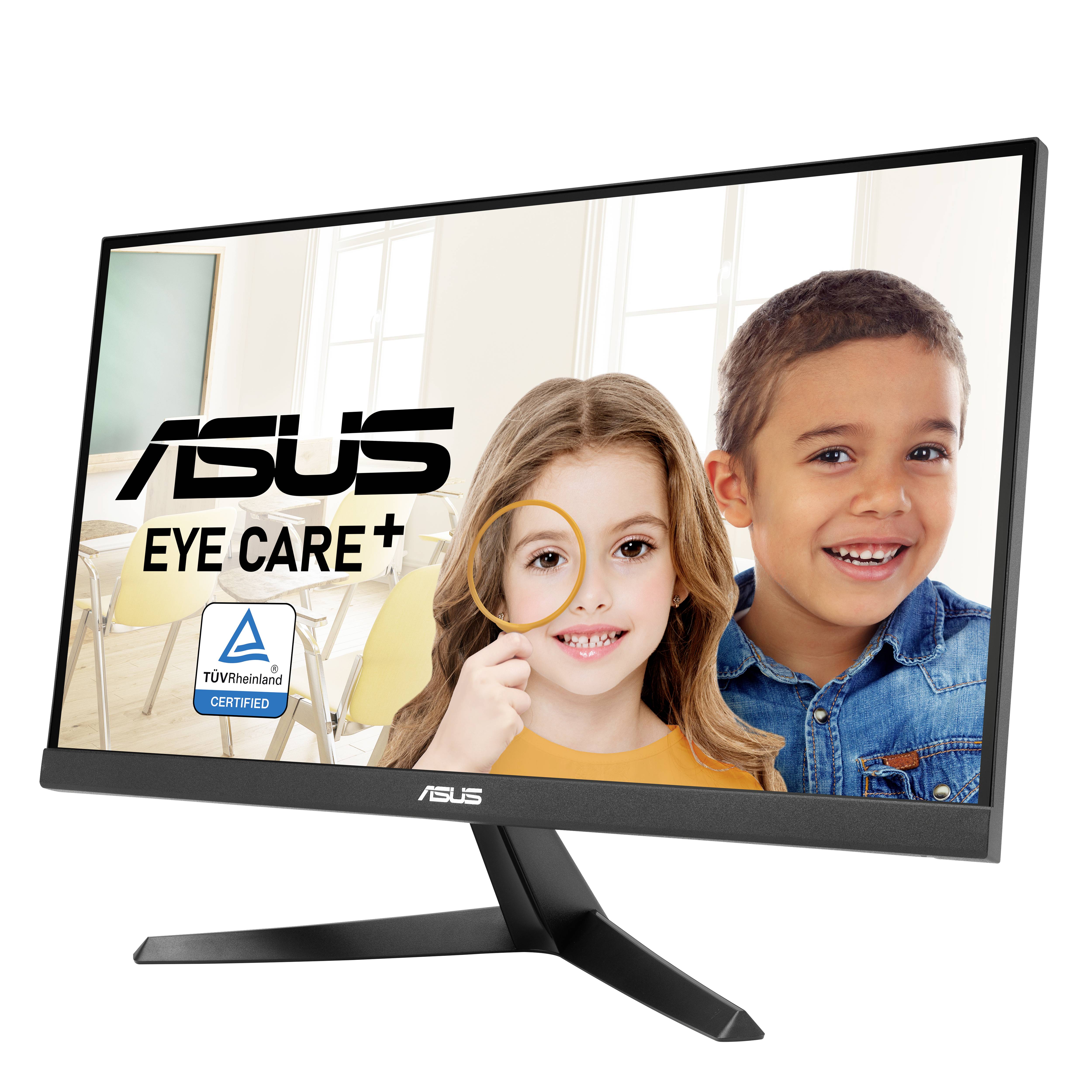 Monitor ASUS z certyfikatem TÜV Rheinland jest prezentowany, na ekranie widać dwoje uśmiechniętych dzieci obok tekstu "EYE CARE +".