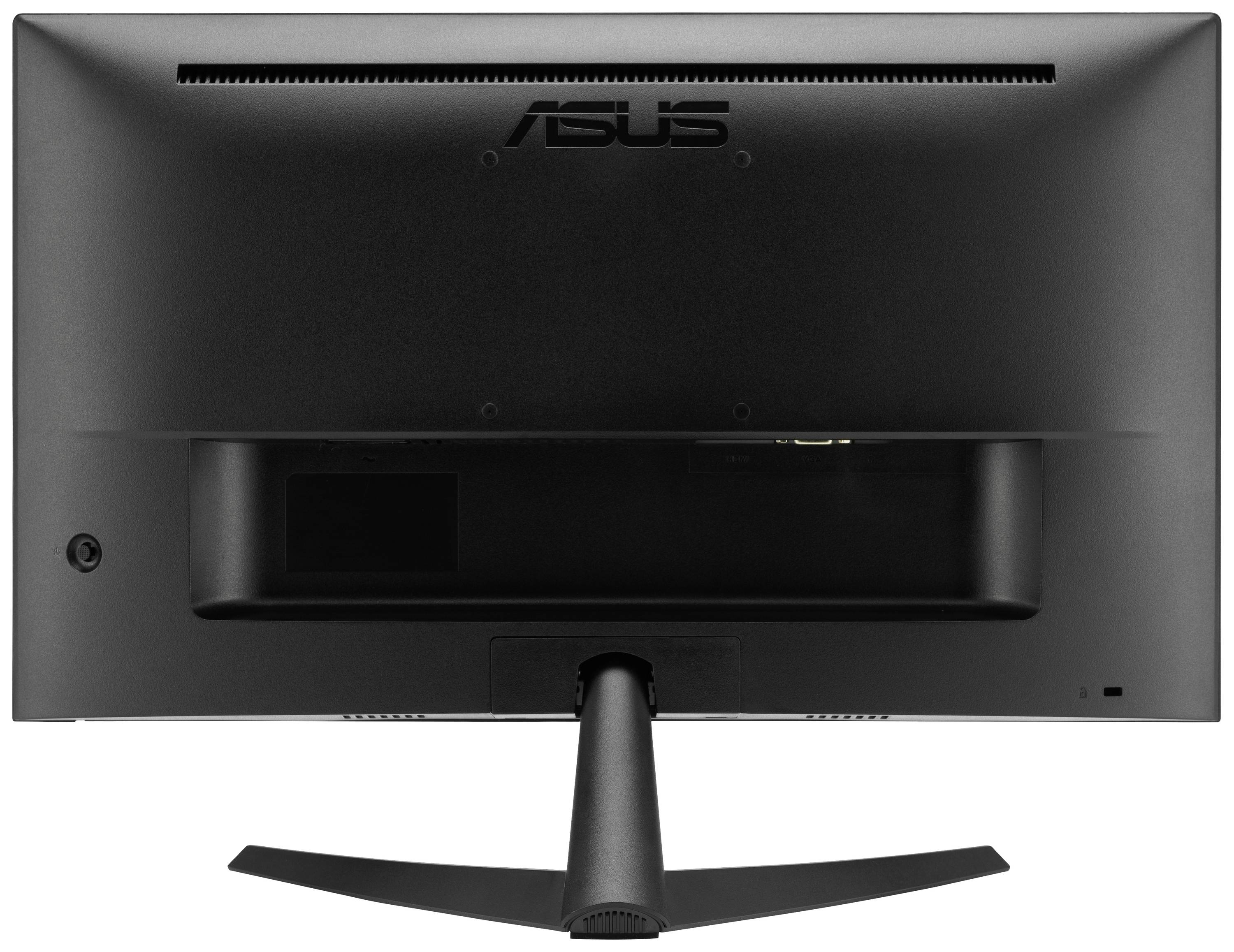 Monitor jest czarny, widoczny od tyłu ze stojakiem. Na górze widnieje napis 'ASUS'.