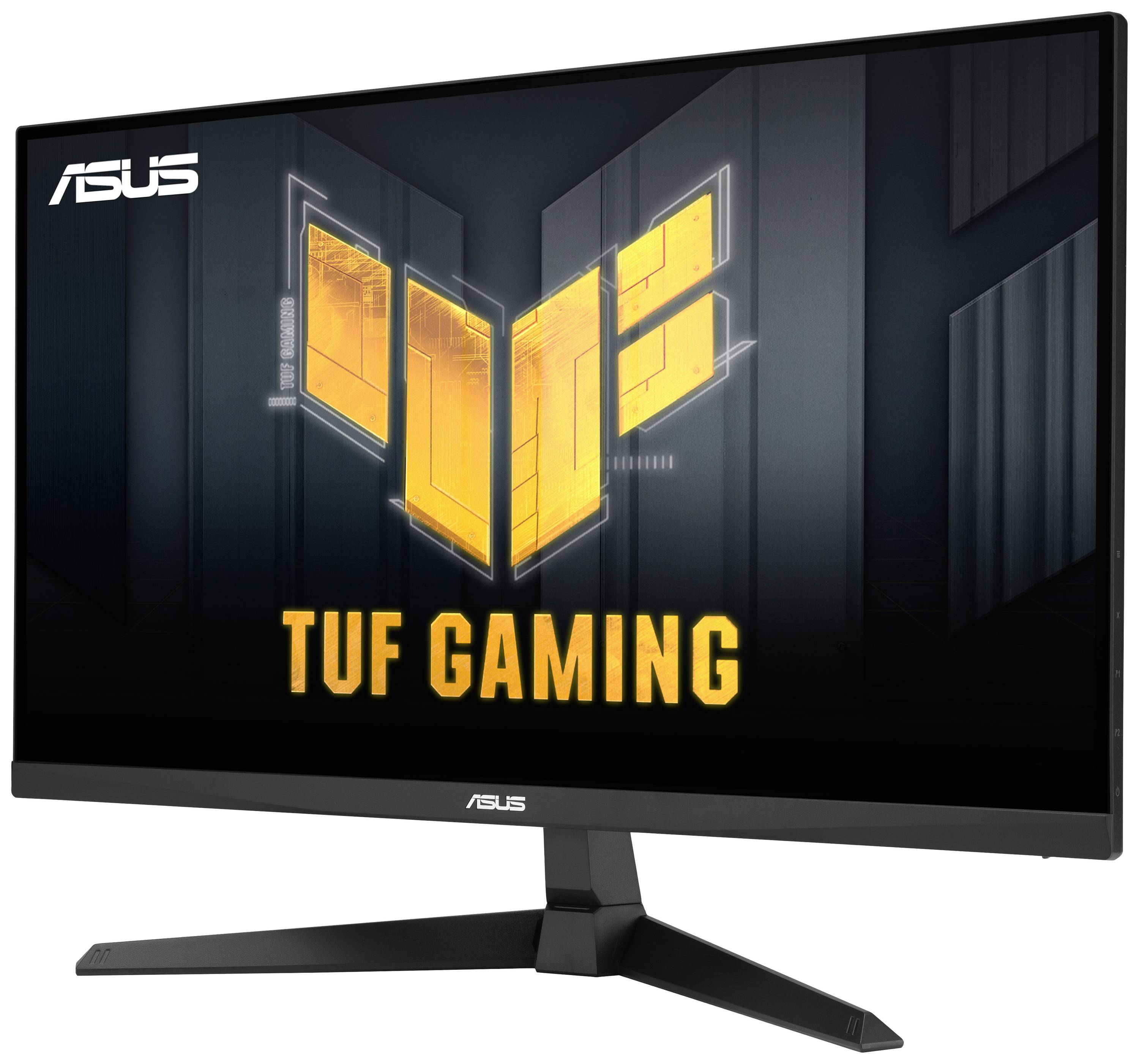 Monitor ASUS TUF Gaming, czarny, z jasnożółtym logo świecącym na ekranie, stoi na stabilnej podstawie.