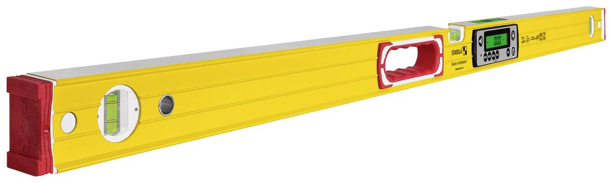 Żółta cyfrowa poziomica z wyświetlaczem i podziałkami pomiarowymi, używana do określania orientacji poziomej i pionowej.