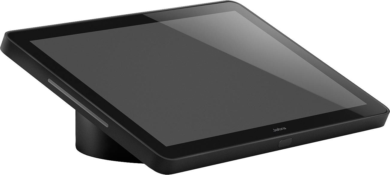 Czarny tablet w skośnym ułożeniu na okrągłej podstawce. Ekran jest wyłączony.