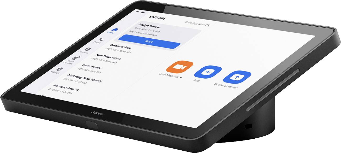 Czarny tablet wyświetla interfejs użytkownika z opcjami takimi jak 'Nowe spotkanie' i 'Dołącz'. Idealny do wideokonferencji.