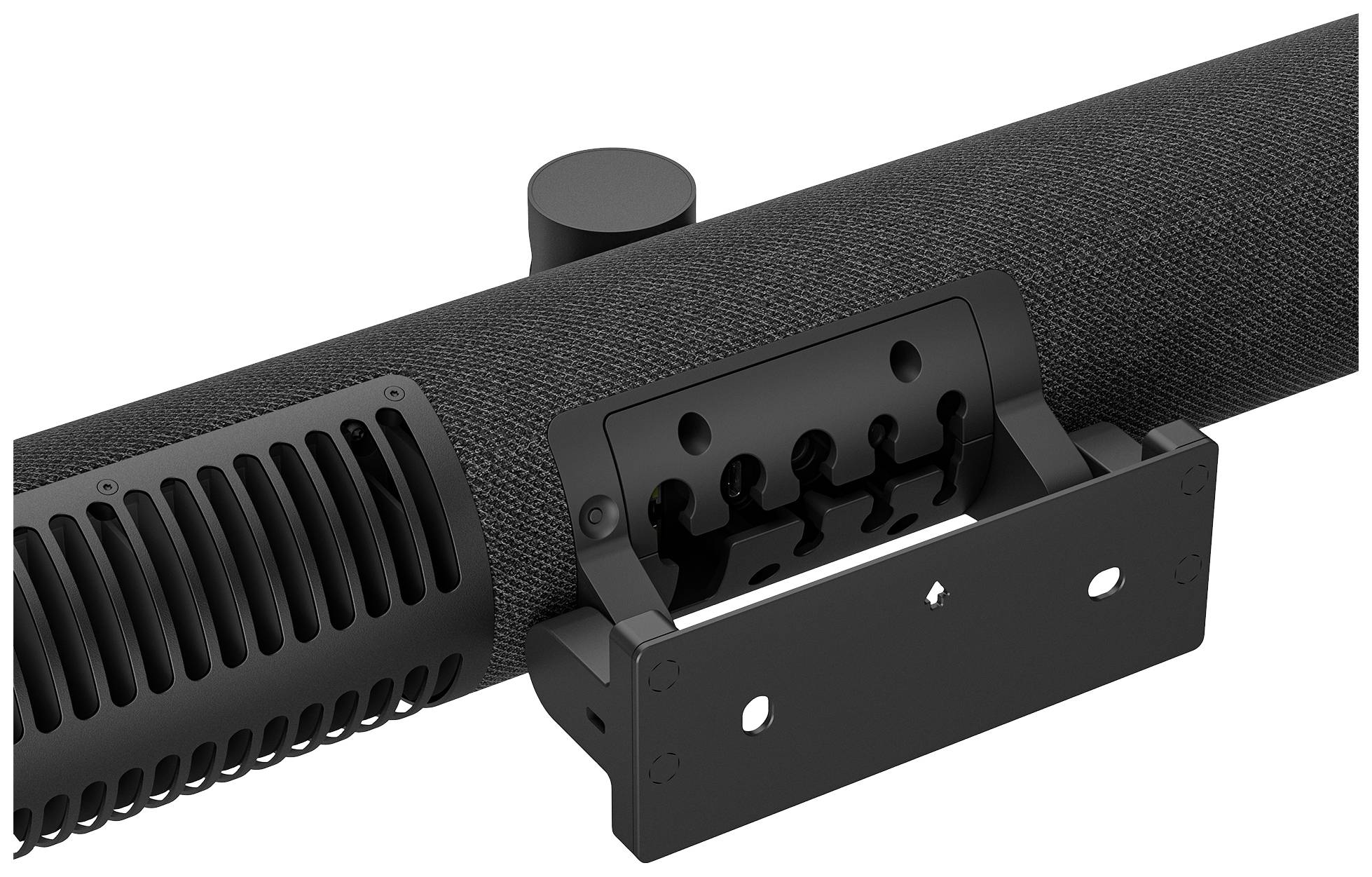 Czarna soundbar z uchwytem do montażu ściennego jest częściowo widoczna. Prezentuje matową powierzchnię z otworami wentylacyjnymi po lewej stronie.