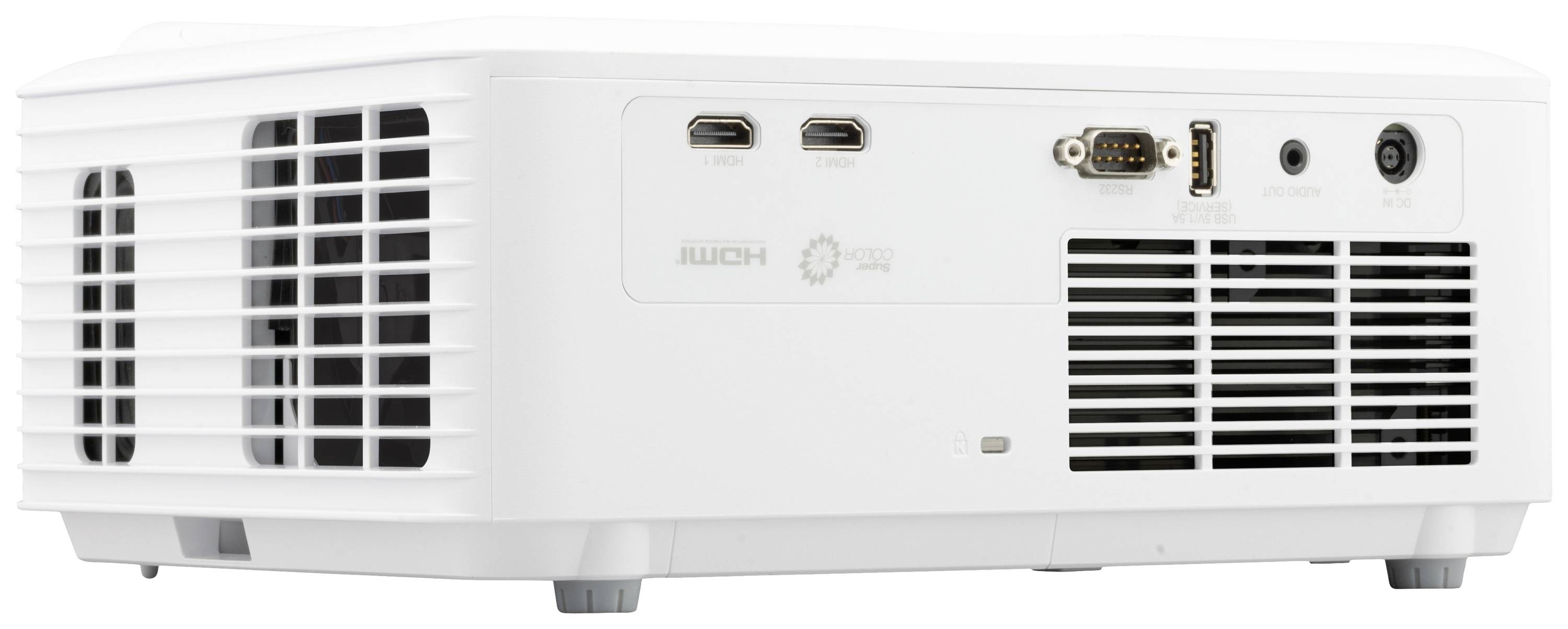 Biały projektor z różnymi złączami, w tym HDMI, USB i gniazdem zasilania, widziany z boku.