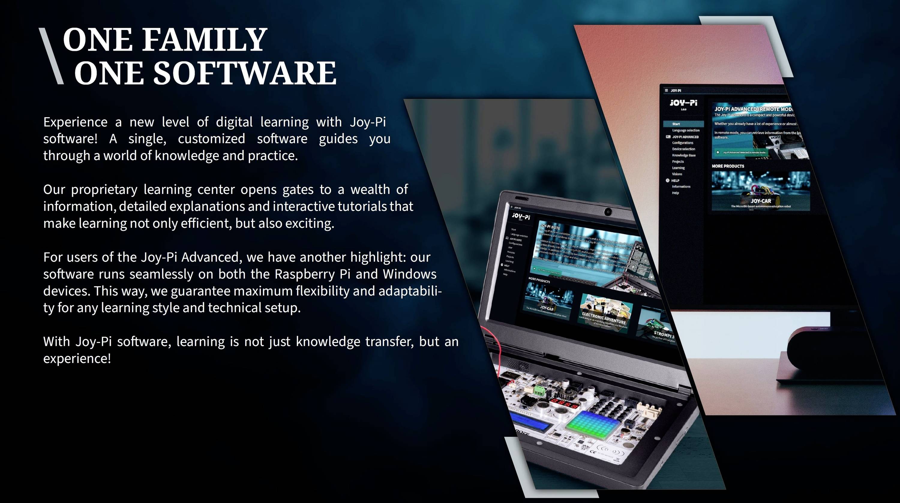 'Jedna Rodzina, Jeden Program' - Ekran wyświetlający tekst o oprogramowaniu Joy-Pi, które oferuje cyfrowe możliwości edukacyjne, wraz z obrazem laptopa.