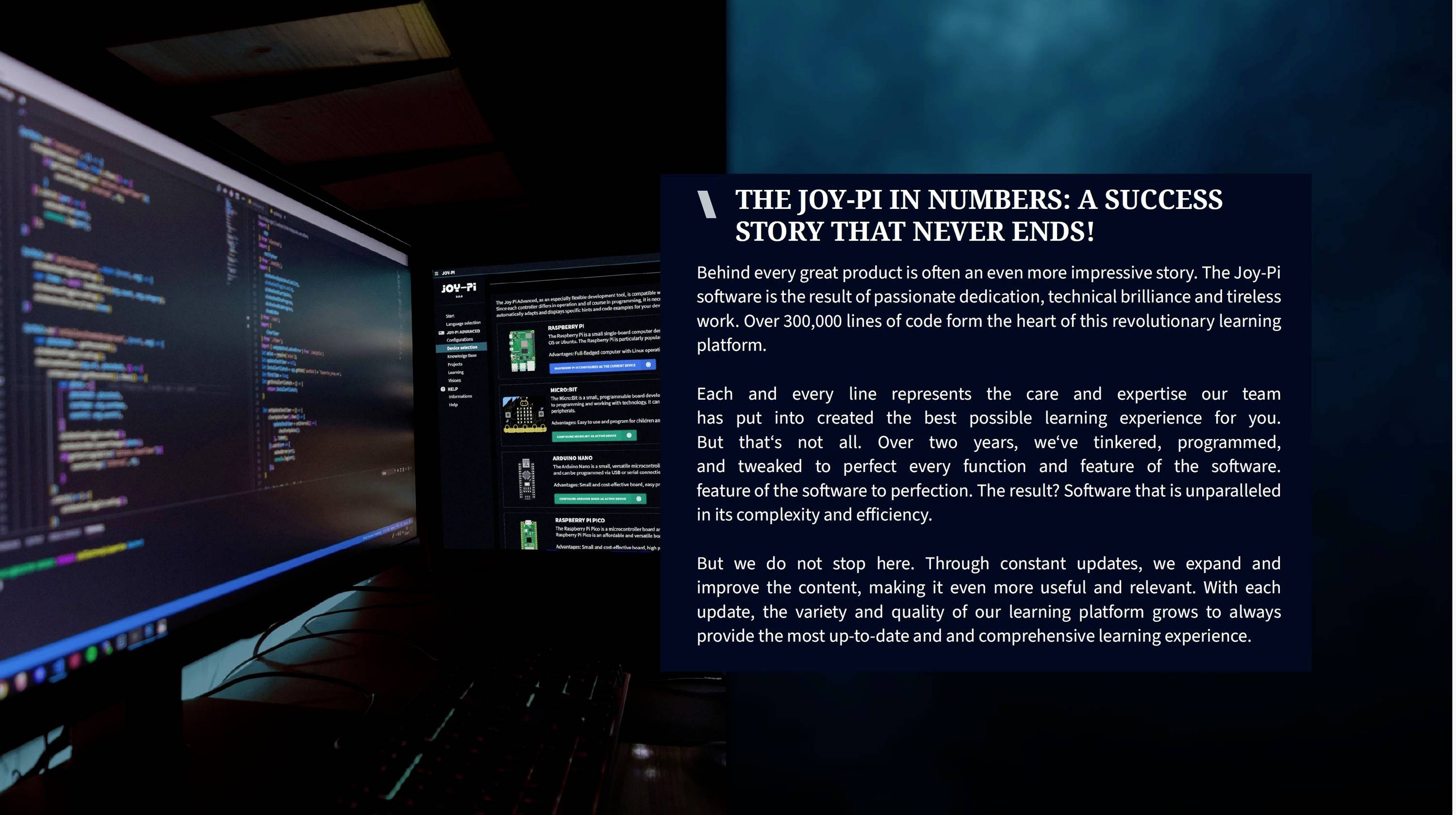 'Ciemne pomieszczenie z monitorami komputerowymi wyświetlającymi kod źródłowy i tekst: „Joy-Pi w liczbach: Historia sukcesu, która nigdy się nie kończy".'