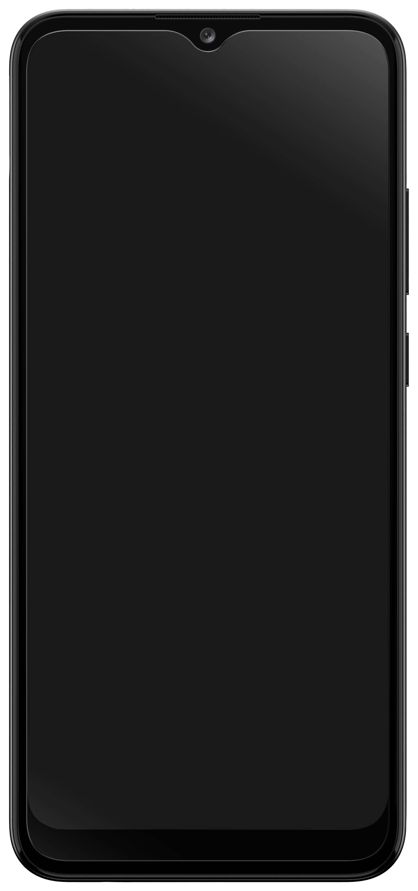 Czarny smartfon z dużym ekranem, zaokrąglonymi narożnikami i małym wcięciem u góry na przedni aparat.