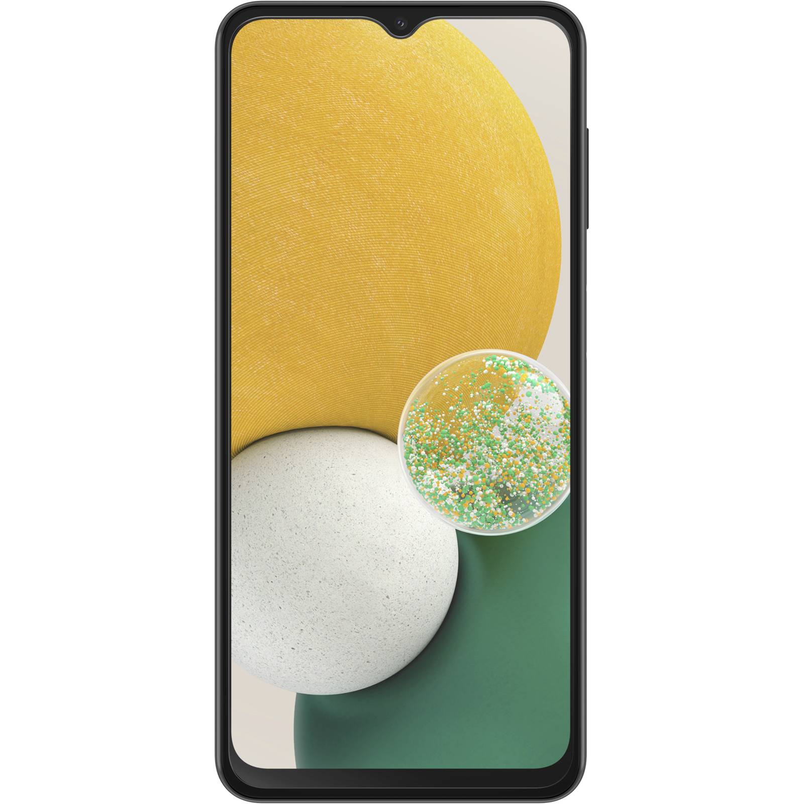 Smartfon z czarną ramką wyświetla abstrakcyjne tło z dużymi kolorowymi kołami w kolorach żółtym, białym i zielonym.