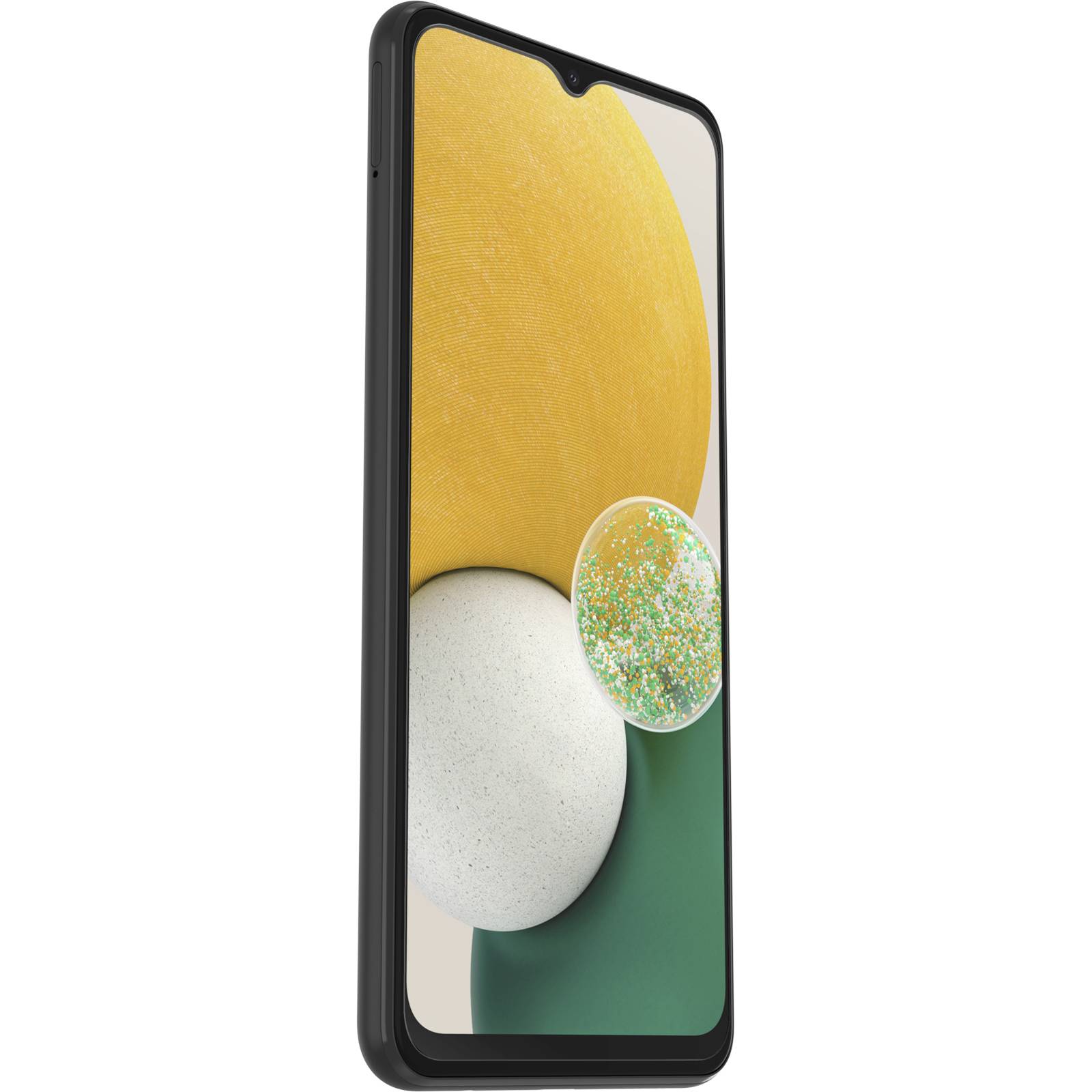 Smartfon z czarną ramką, na którego ekranie wyświetlane są geometryczne kształty w kolorach żółtym, białym i zielonym.