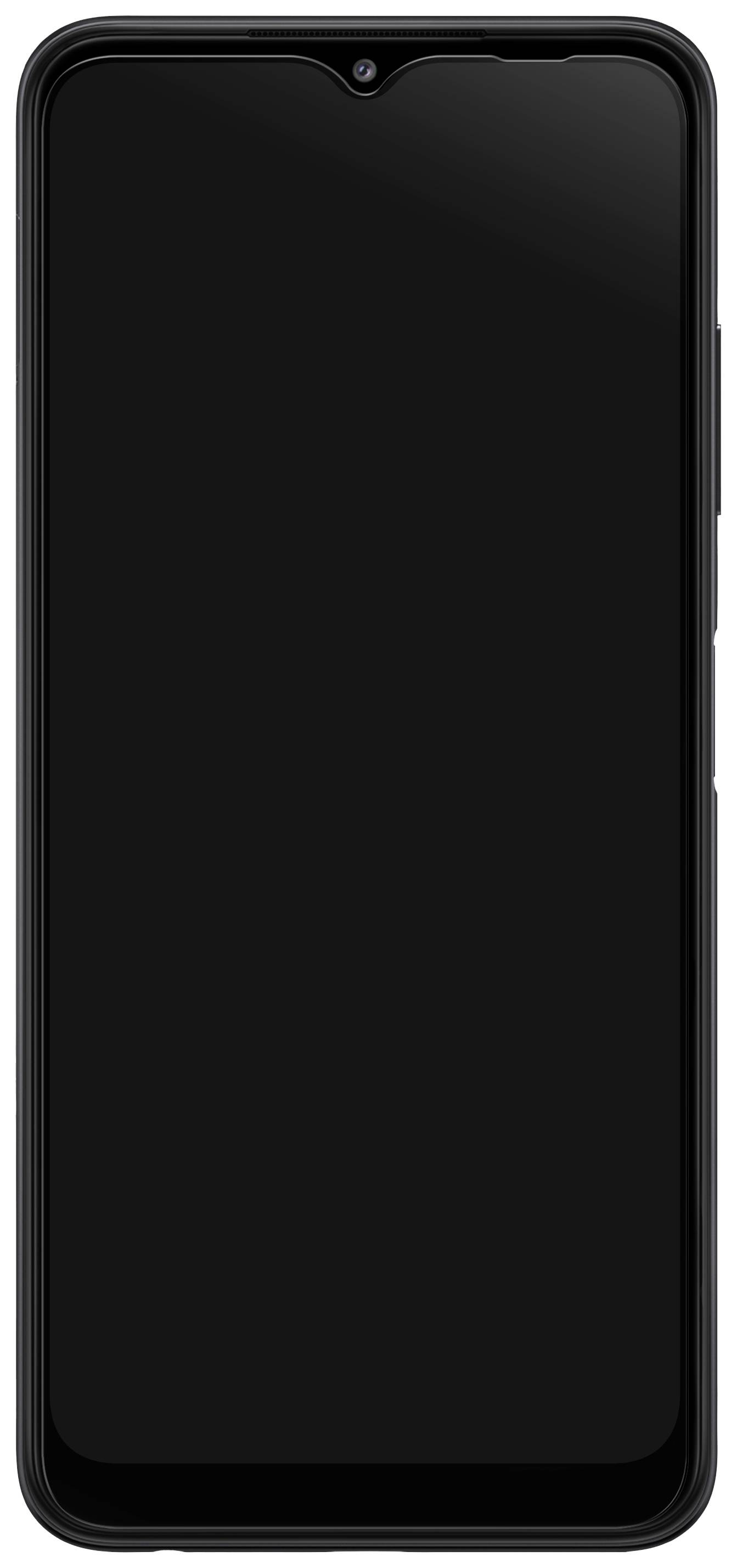 Nowoczesny smartfon z czarnym ekranem, widok z przodu.