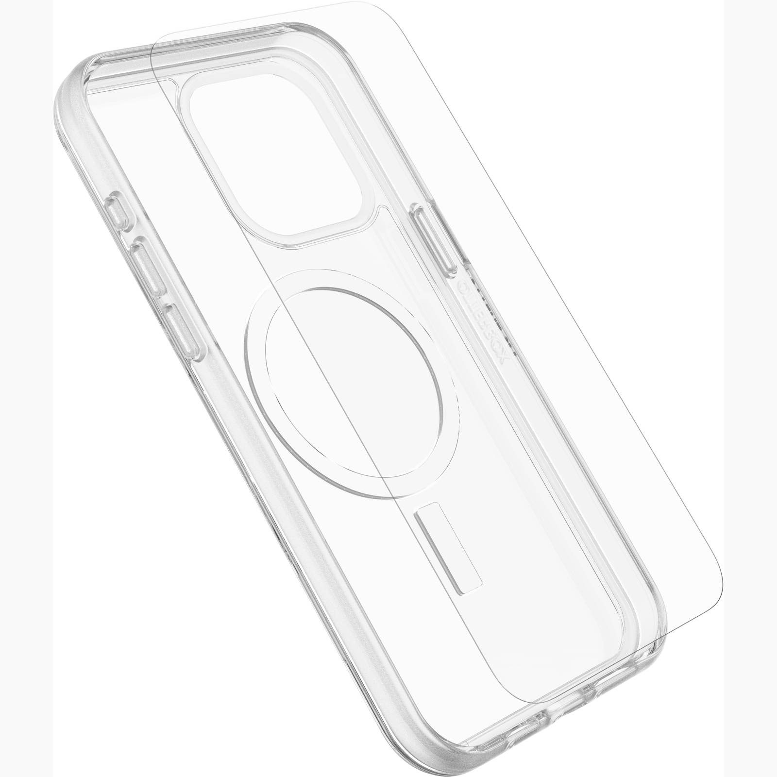Przezroczyste etui na telefon z wbudowanym pierścieniem magnetycznym, kompatybilne z ładowaniem bezprzewodowym, z widocznymi otworami na przyciski i porty.
