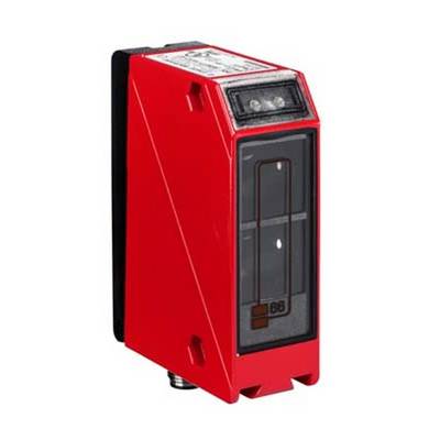 Czerwony sensor optoelektroniczny w prostokątnej obudowie, przeznaczony do automatycznego wykrywania obiektów w zastosowaniach przemysłowych.