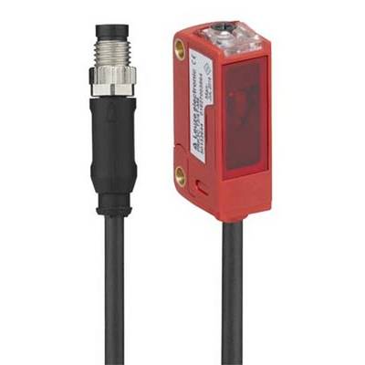 Czerwony sensor optoelektroniczny z czarnym przewodem i wtyczką, odpowiedni do zastosowań przemysłowych.