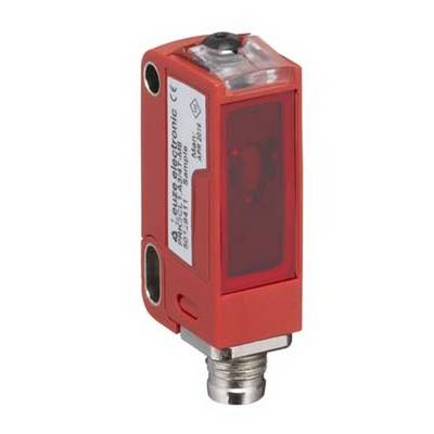 Czerwony sensor optoelektroniczny w obudowie prostokątnej z metalowym złączem, przeznaczony do zastosowań przemysłowych.