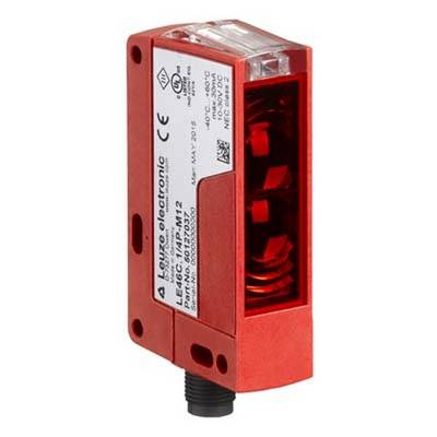 Czerwony sensor optoelektroniczny firmy 'Leuze Electronic', model L4E 406, z naklejonymi specyfikacjami technicznymi.
