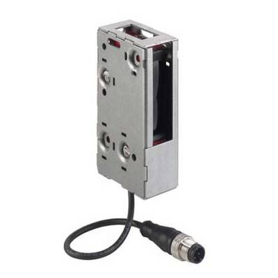Metalowy zamek z przyłączem kablowym do drzwi elektrycznych, w wąskiej obudowie, przeznaczony do zastosowań przemysłowych.