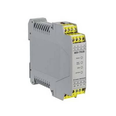 Szary elektroniczny przełącznik z żółtymi złączami. Oznaczenie 'MSI-TR2B'. Służy do sterowania w instalacjach elektrycznych.