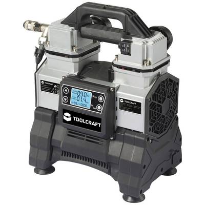Przenośny kompresor z cyfrowym wyświetlaczem, pokazujący ciśnienie powietrza 99 PSI. Obudowa w kolorze czarnym z elementami srebrnymi.