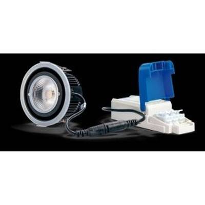 Oprawa downlight LED z radiatorem i przewodem przyłączeniowym; odpowiednia do nowoczesnych instalacji oświetleniowych.