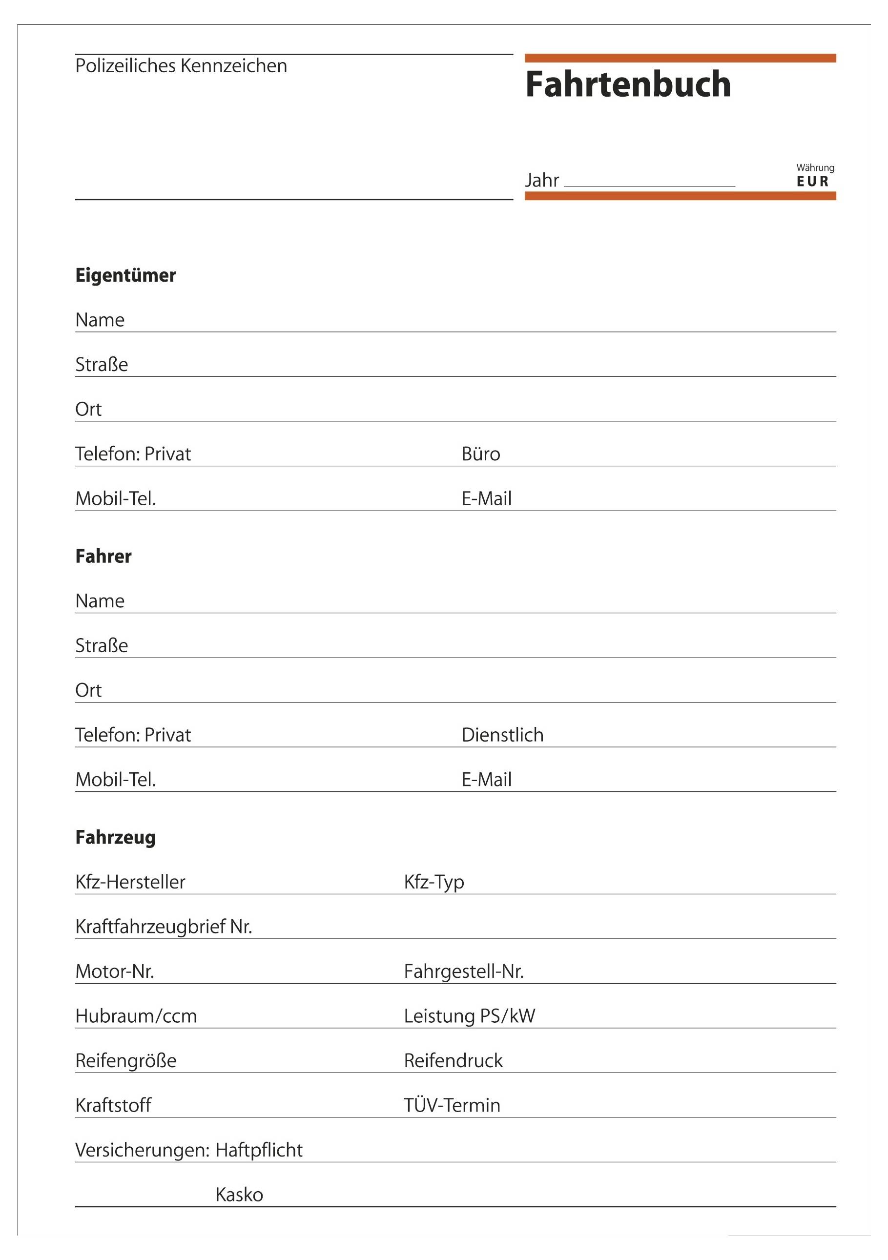 Pusty niemiecki formularz dziennika pojazdów zatytułowany "Fahrtenbuch" z polami dla właściciela, kierowcy, szczegółów pojazdu, roku i przebiegu.