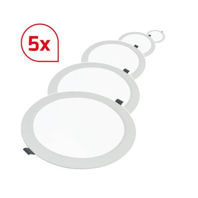 Pięć okrągłych, białych opraw podtynkowych LED w malejącym rozmiarze, ułożonych obok siebie. Liczba '5x' w czerwonym kole.