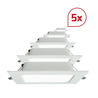 Pięć białych, kwadratowych lamp sufitowych w rzędzie, przedstawionych z czerwonym symbolem '5x' w prawym górnym rogu.