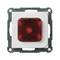 Czerwony, kwadratowy włącznik światła na białej płytce, otoczony metalową ramką.