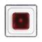 Czerwony, kwadratowy przycisk na białym tle, otoczony srebrną ramką.