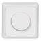 Biały włącznik światła z okrągłym pokrętłem pośrodku na białym prostokątnym tle.
